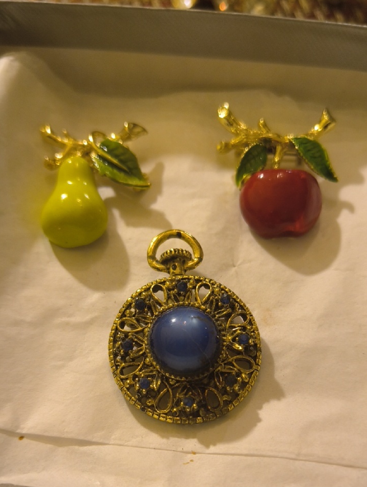 Gold-Tone Brooch With Blue Cabochon And Enamel Fruit Accents 45$